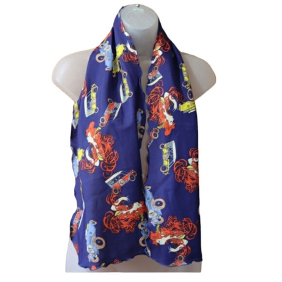 Vintage Neck Scarf Bow Scarf Red Headed Lady & Old Cars Whimsical Avant Guarde - Picture 1 of 10